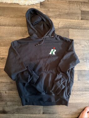 H&M Black Pullover Hoodie with Embroidered Rose Detail